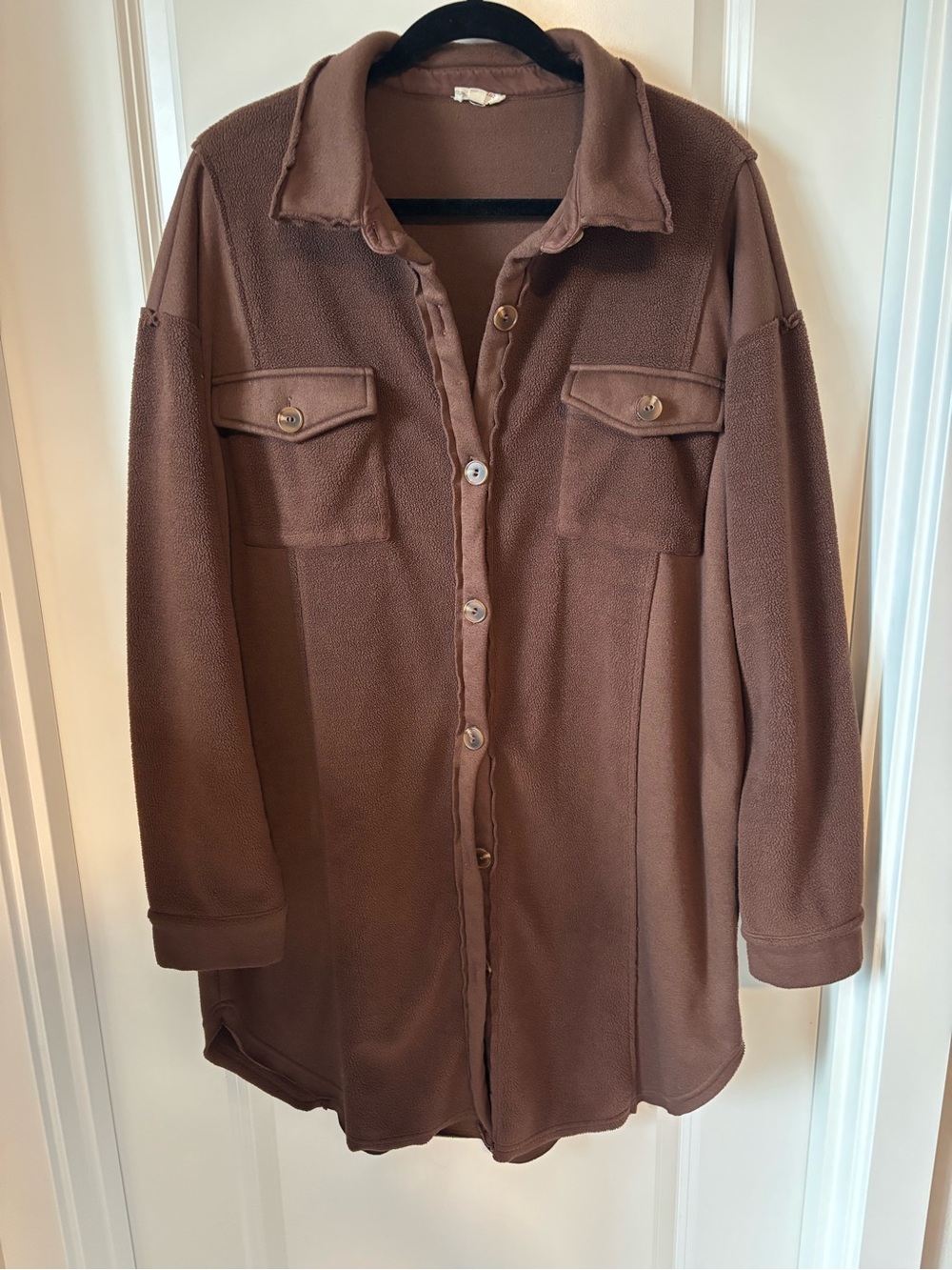 hem & thread Brown Button-Front Long Fleece Shacket